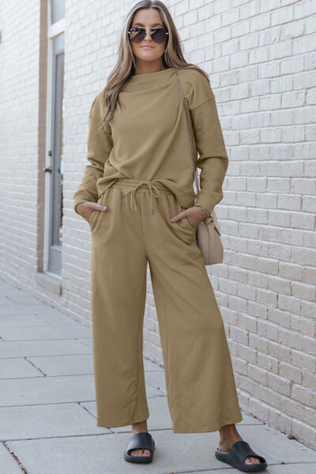 Textured Long Sleeve Top and Drawstring Lounge Pants Set | lounge pants