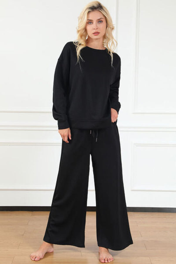 Double Take Full Size Textured Long Sleeve Top and Drawstring Pants Set | lounge