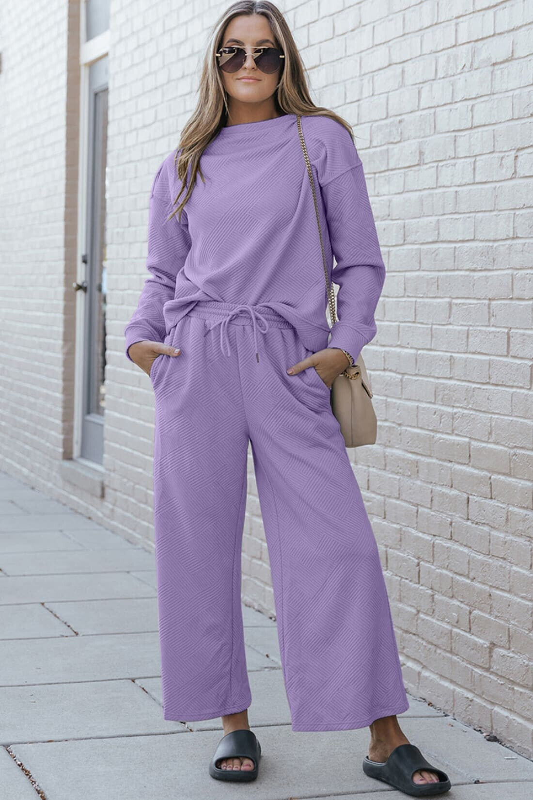 Textured Long Sleeve Top and Drawstring Lounge Pants Set | lounge pants