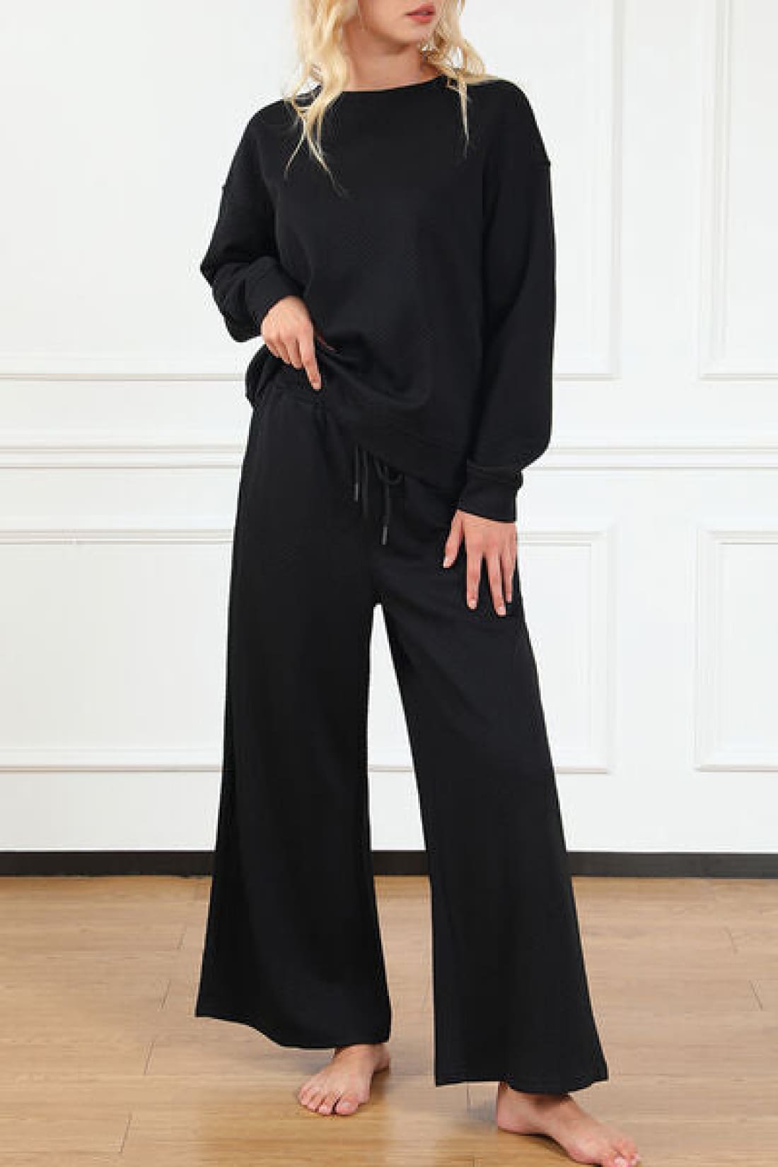 Textured Long Sleeve Top and Drawstring Lounge Pants Set | lounge pants