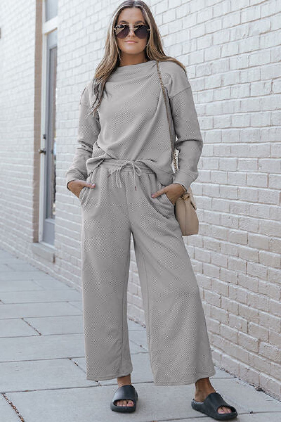 Textured Long Sleeve Top and Drawstring Lounge Pants Set | lounge pants