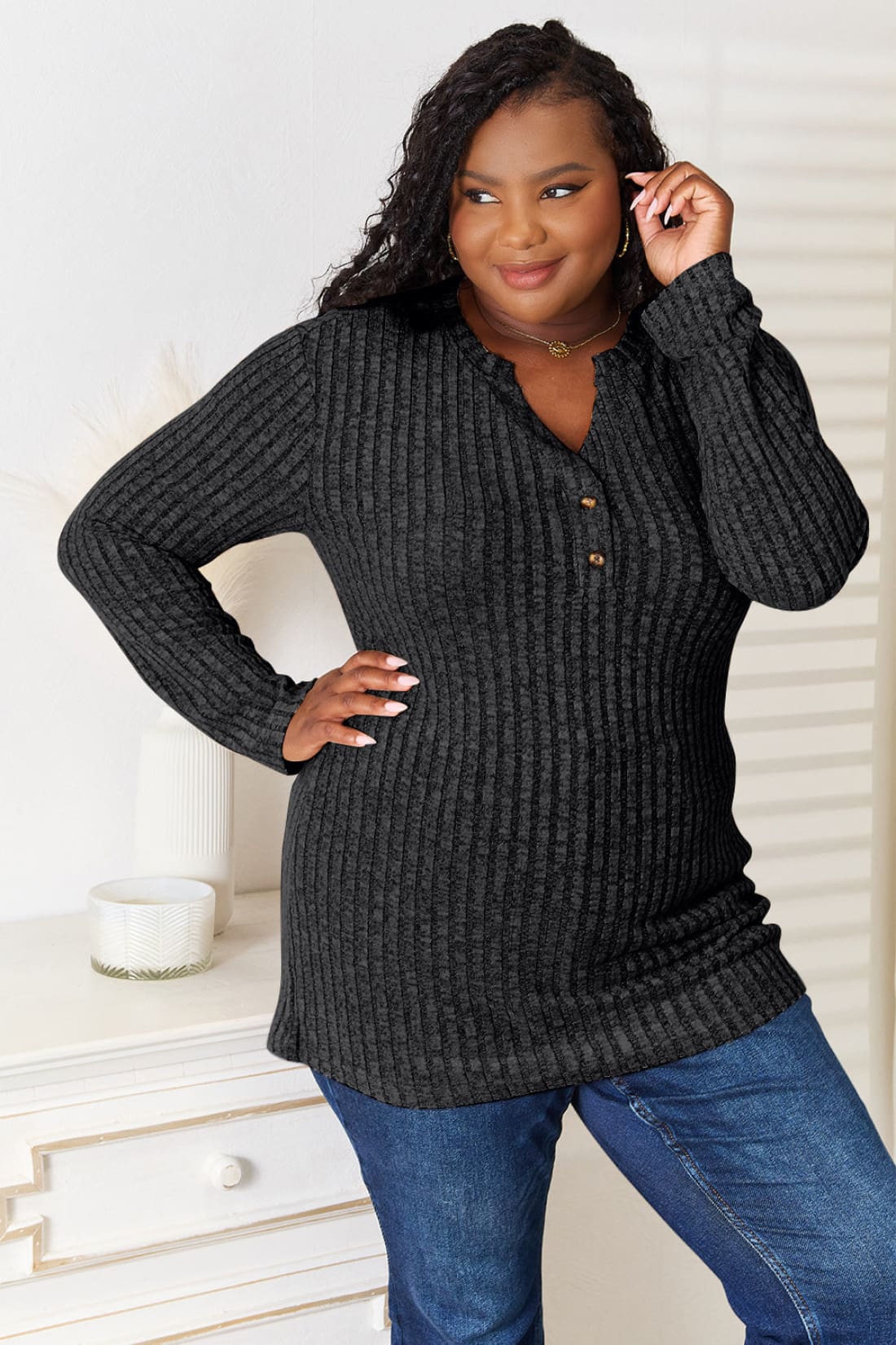 Double Take Notched Neck Ribbed Long Sleeve T-Shirt | Long Sleeve Tops