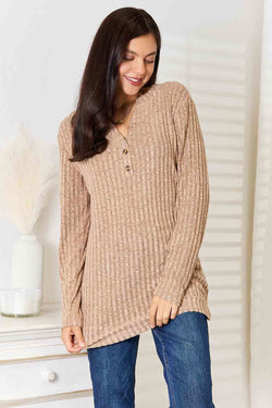 Double Take Notched Neck Ribbed Long Sleeve T-Shirt | Long Sleeve Tops
