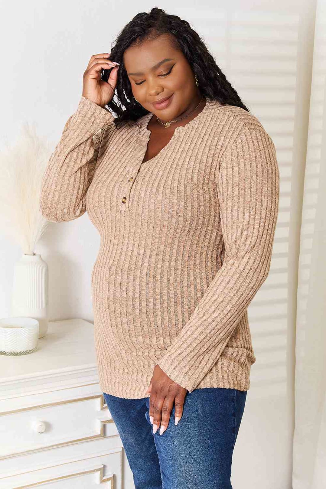 Double Take Notched Neck Ribbed Long Sleeve T-Shirt | Long Sleeve Tops