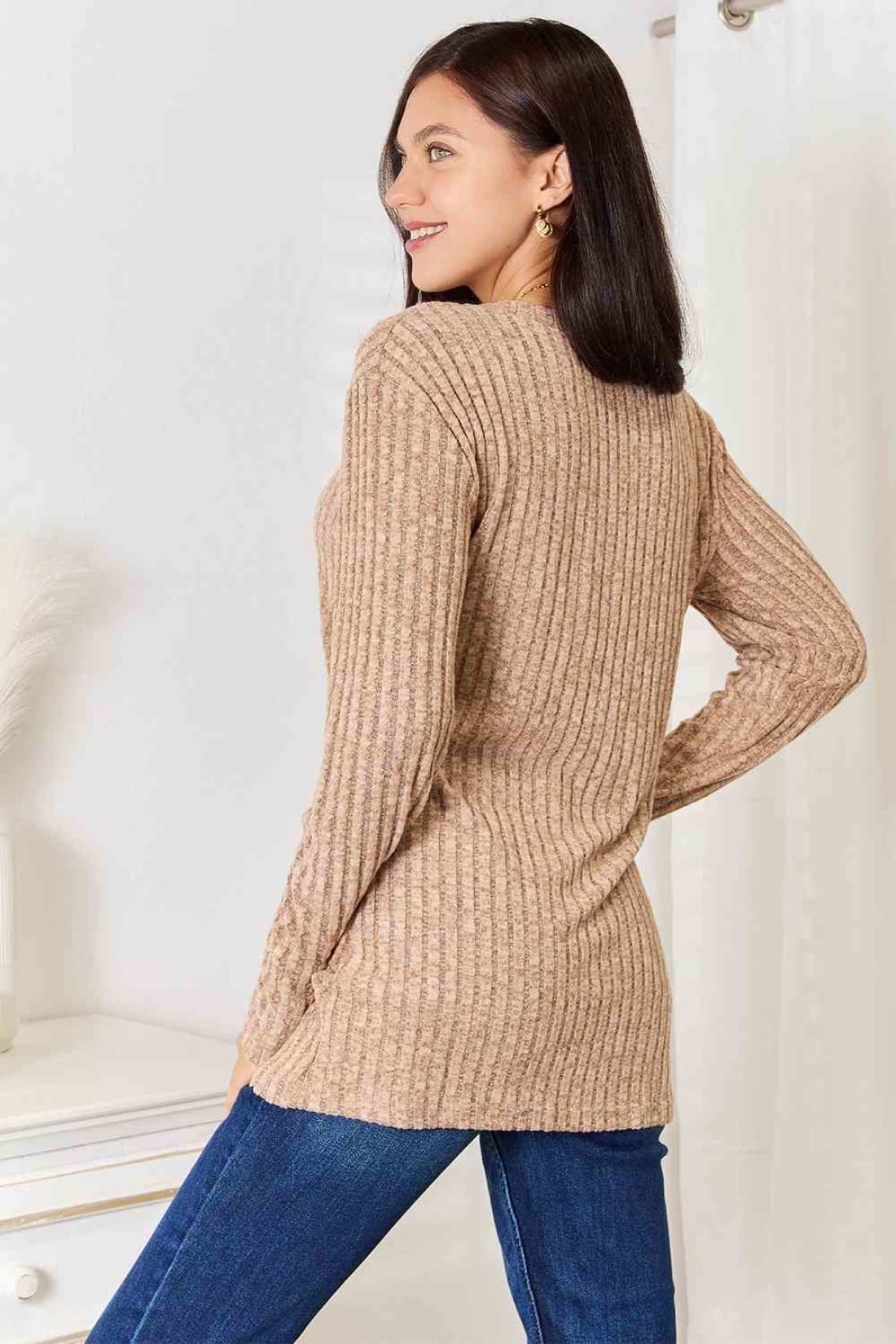 Double Take Notched Neck Ribbed Long Sleeve T-Shirt | Long Sleeve Tops