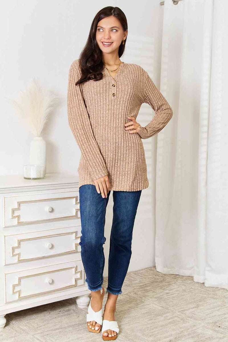 Double Take Notched Neck Ribbed Long Sleeve T-Shirt | Long Sleeve Tops