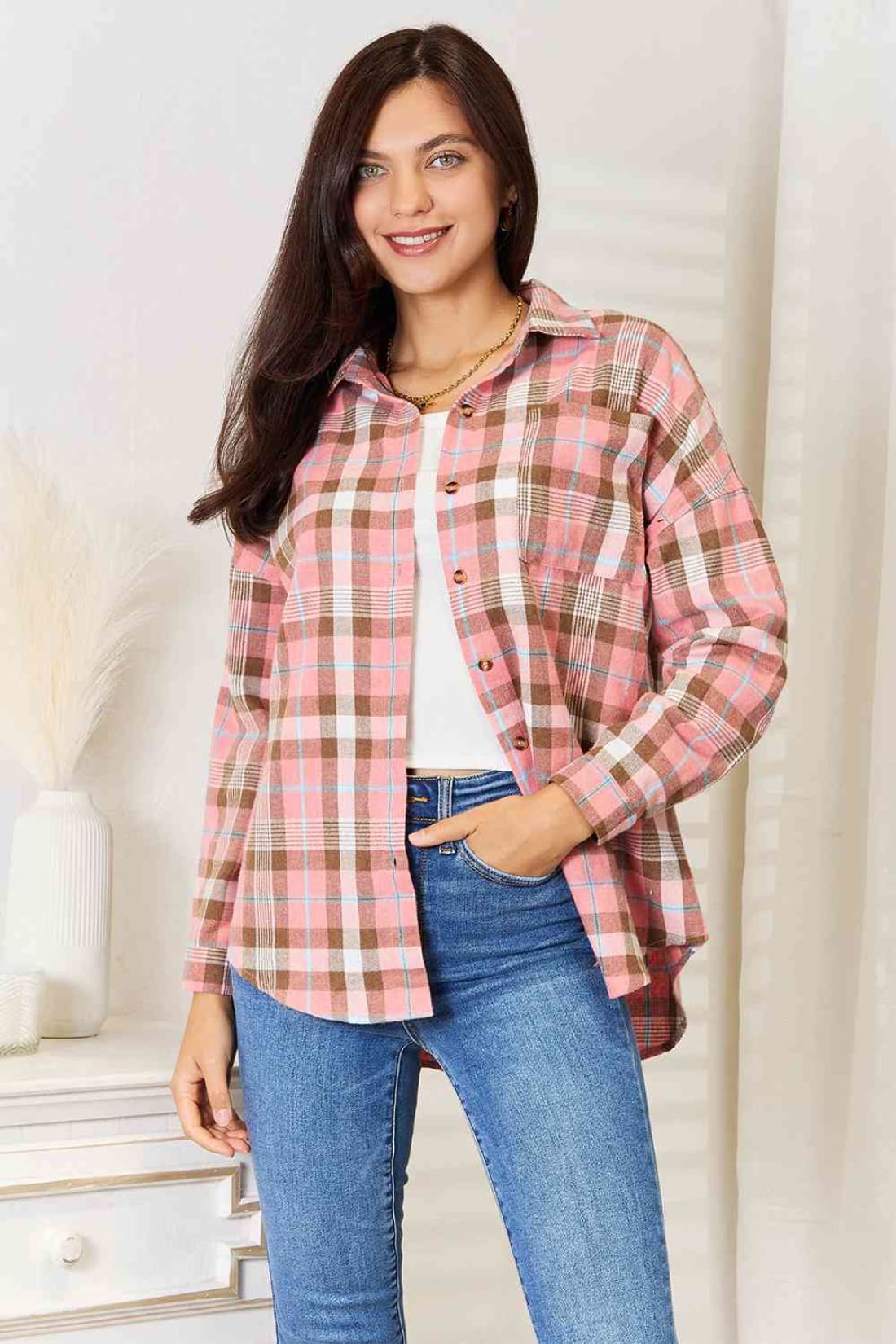 Double Take Plaid Collared Neck Long Sleeve Button-Up Shirt | Blouses & Button-Down Shirts