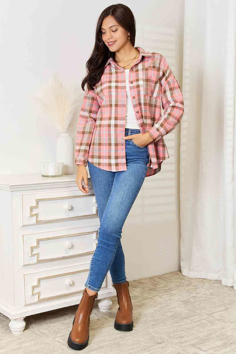 Double Take Plaid Collared Neck Long Sleeve Button-Up Shirt | Blouses & Button-Down Shirts