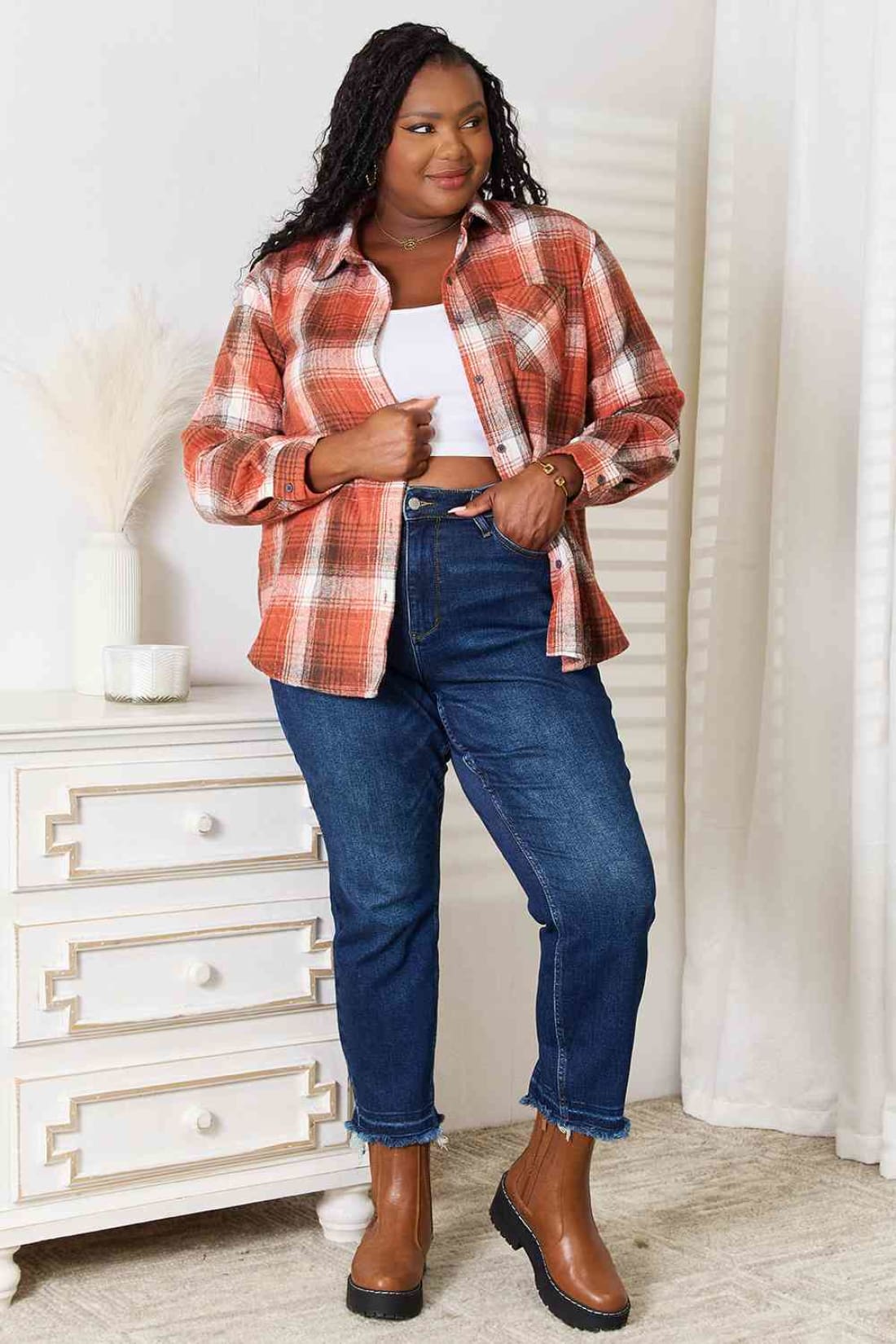 Double Take Plaid Collared Neck Long Sleeve Shirt | Blouses & Shirts