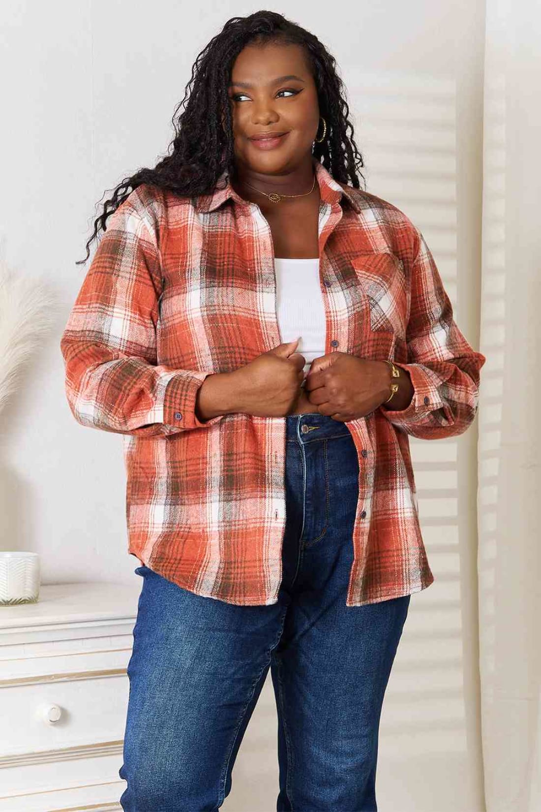 Double Take Plaid Collared Neck Long Sleeve Shirt | Blouses & Shirts