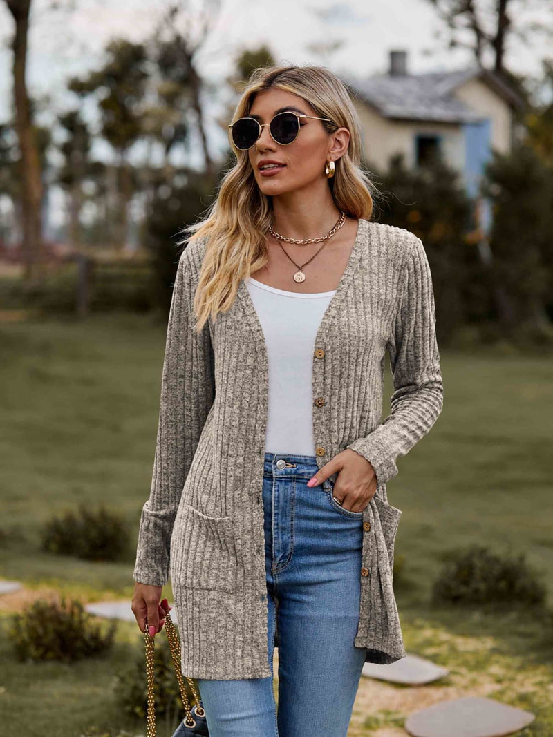 Double Take Ribbed Button - Up Cardigan with Pockets