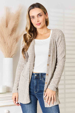 Double Take Ribbed Button - Up Cardigan with Pockets