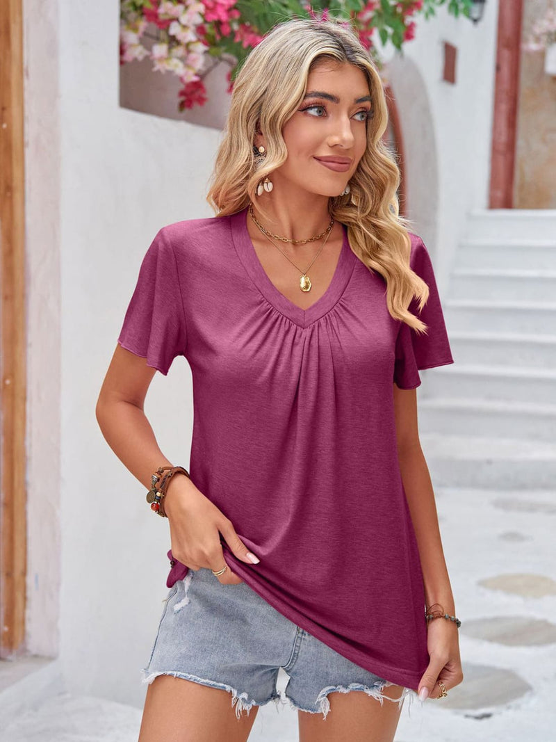 Double Take Ruched V - Neck Short Sleeve T - Shirt