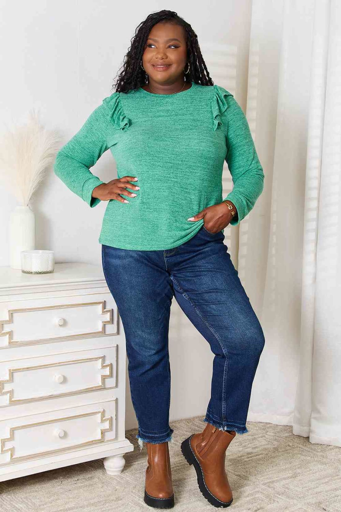 Double Take Ruffle Shoulder Long Sleeve T-Shirt | Blouses & Shirts