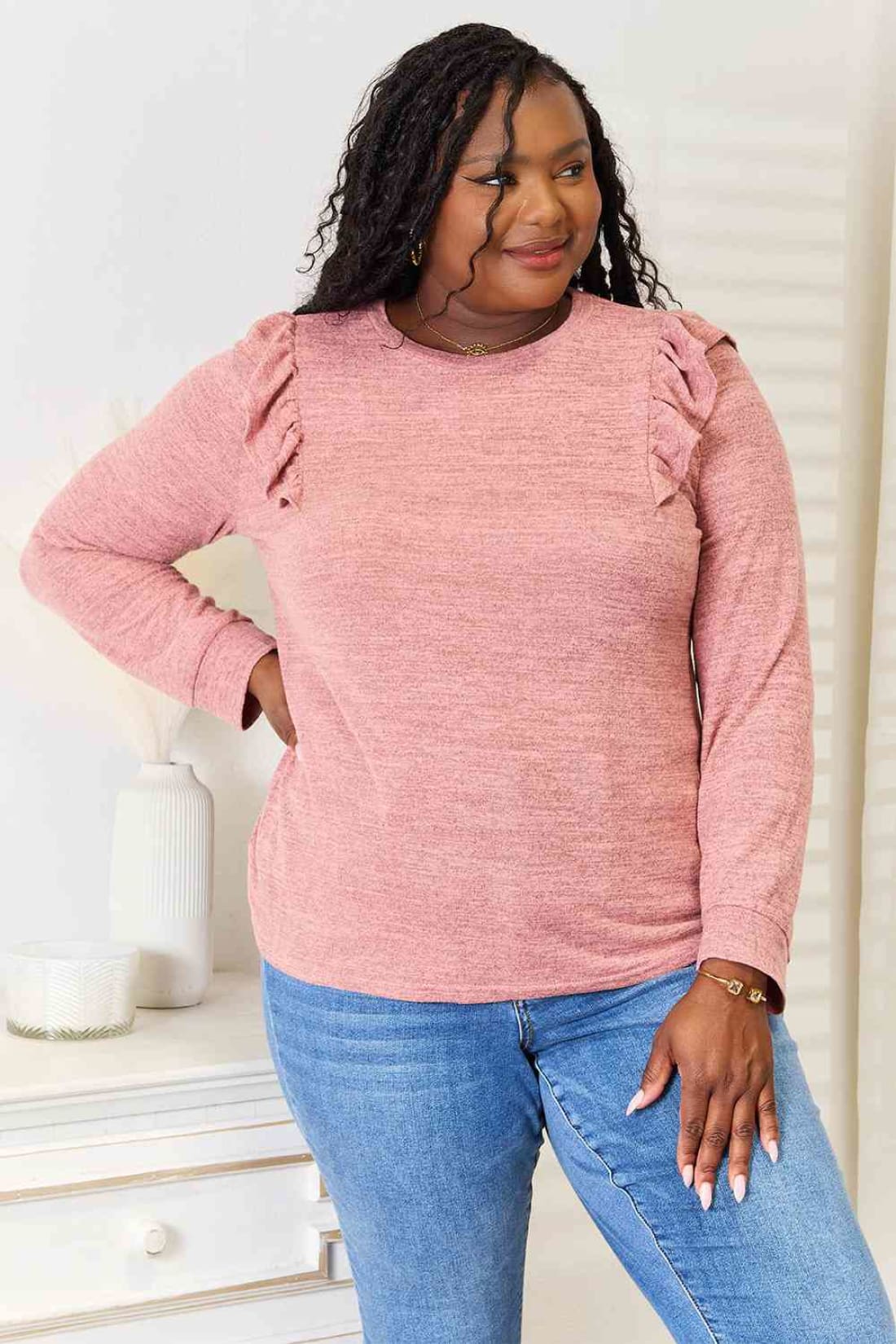 Double Take Ruffle Shoulder Long Sleeve T-Shirt | Blouses & Shirts