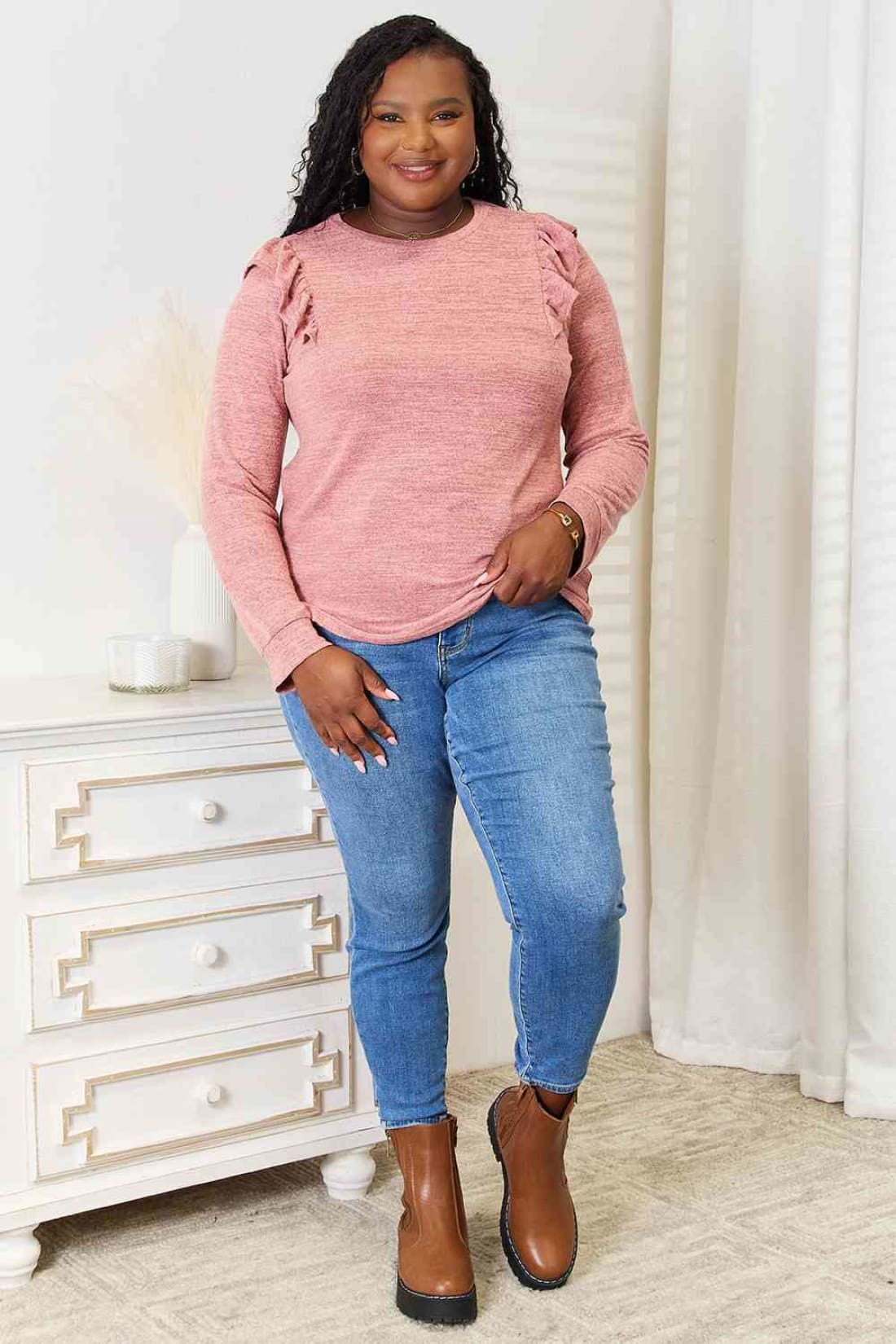 Double Take Ruffle Shoulder Long Sleeve T-Shirt | Blouses & Shirts