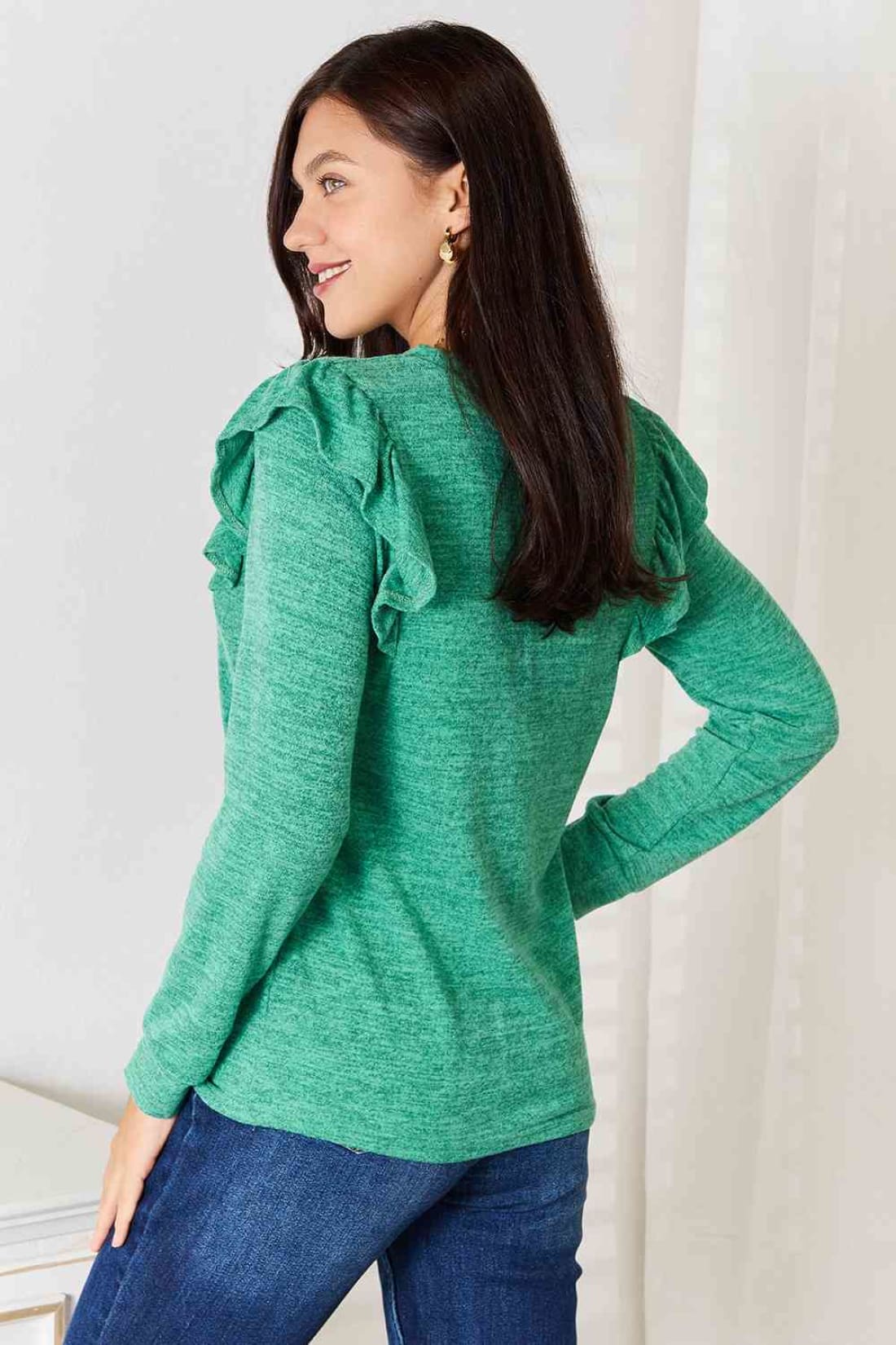 Double Take Ruffle Shoulder Long Sleeve T-Shirt | Blouses & Shirts