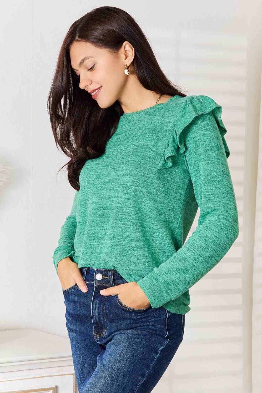 Double Take Ruffle Shoulder Long Sleeve T-Shirt | Blouses & Shirts