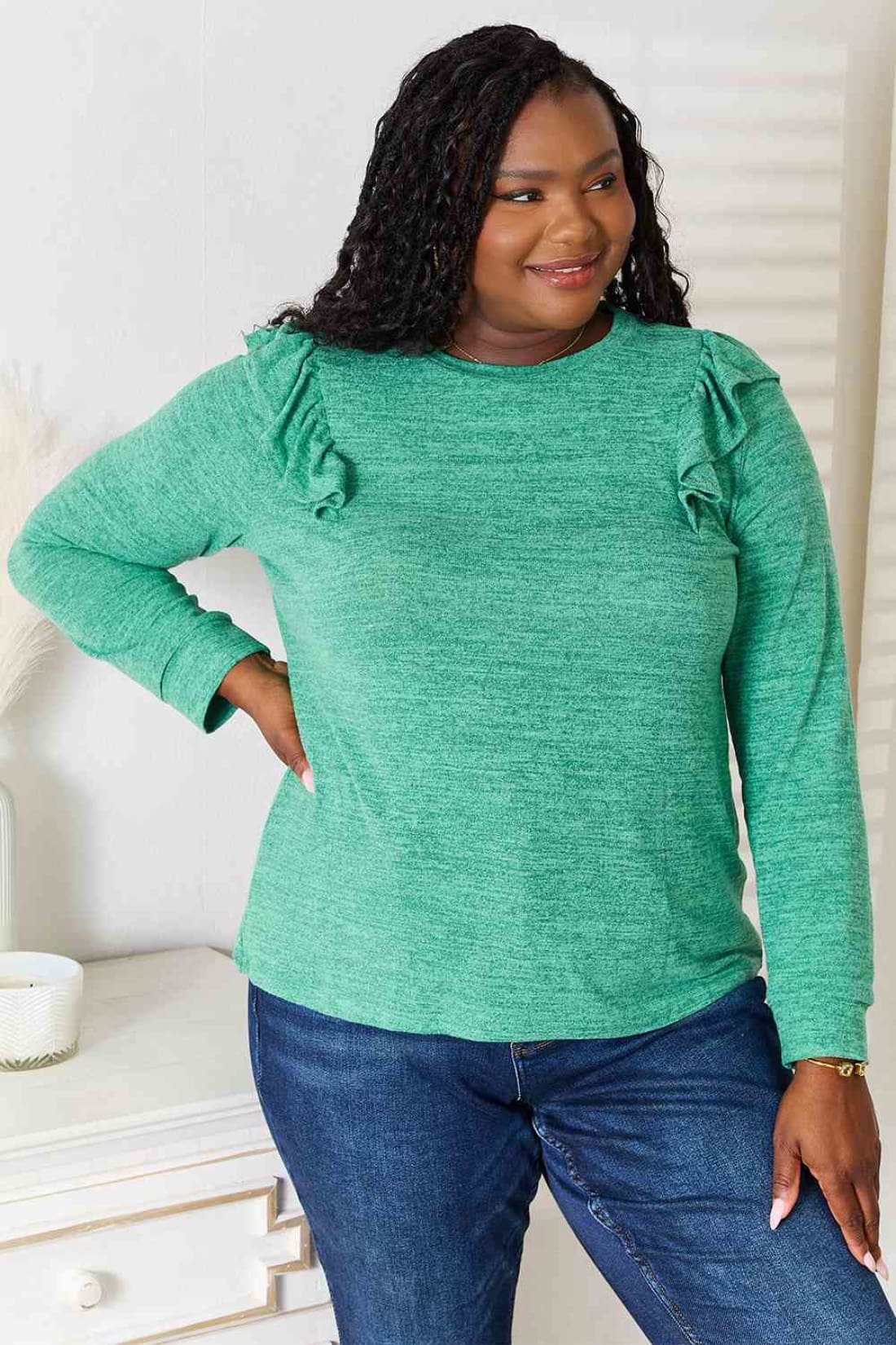 Double Take Ruffle Shoulder Long Sleeve T-Shirt | Blouses & Shirts