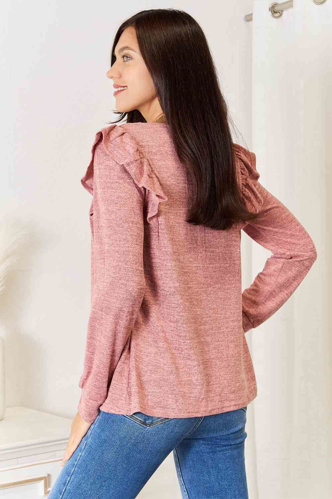 Double Take Square Neck Ruffle Shoulder Long Sleeve T-Shirt | Long Sleeve Tops