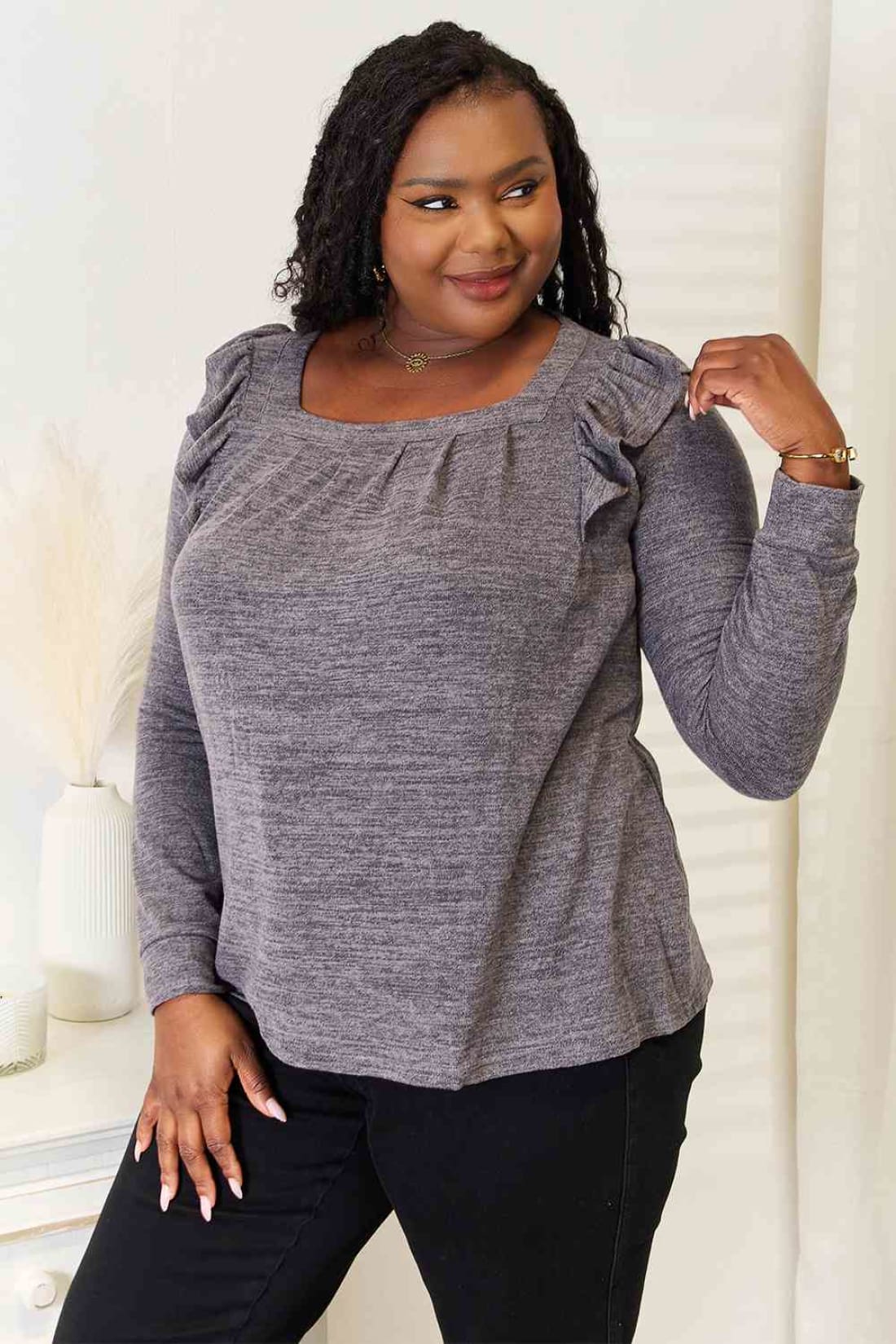 Double Take Square Neck Ruffle Shoulder Long Sleeve T-Shirt | Long Sleeve Tops