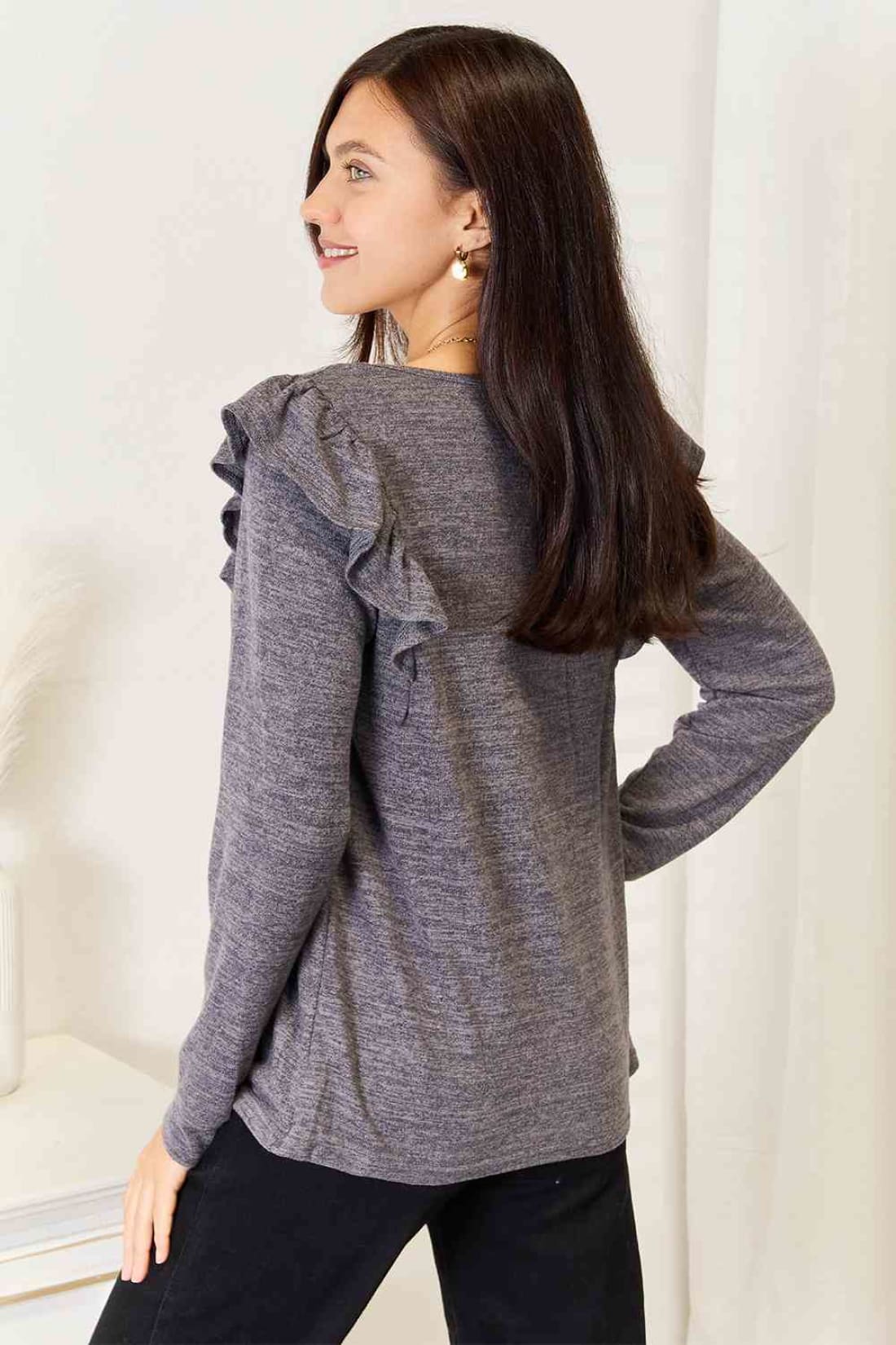 Double Take Square Neck Ruffle Shoulder Long Sleeve T-Shirt | Long Sleeve Tops