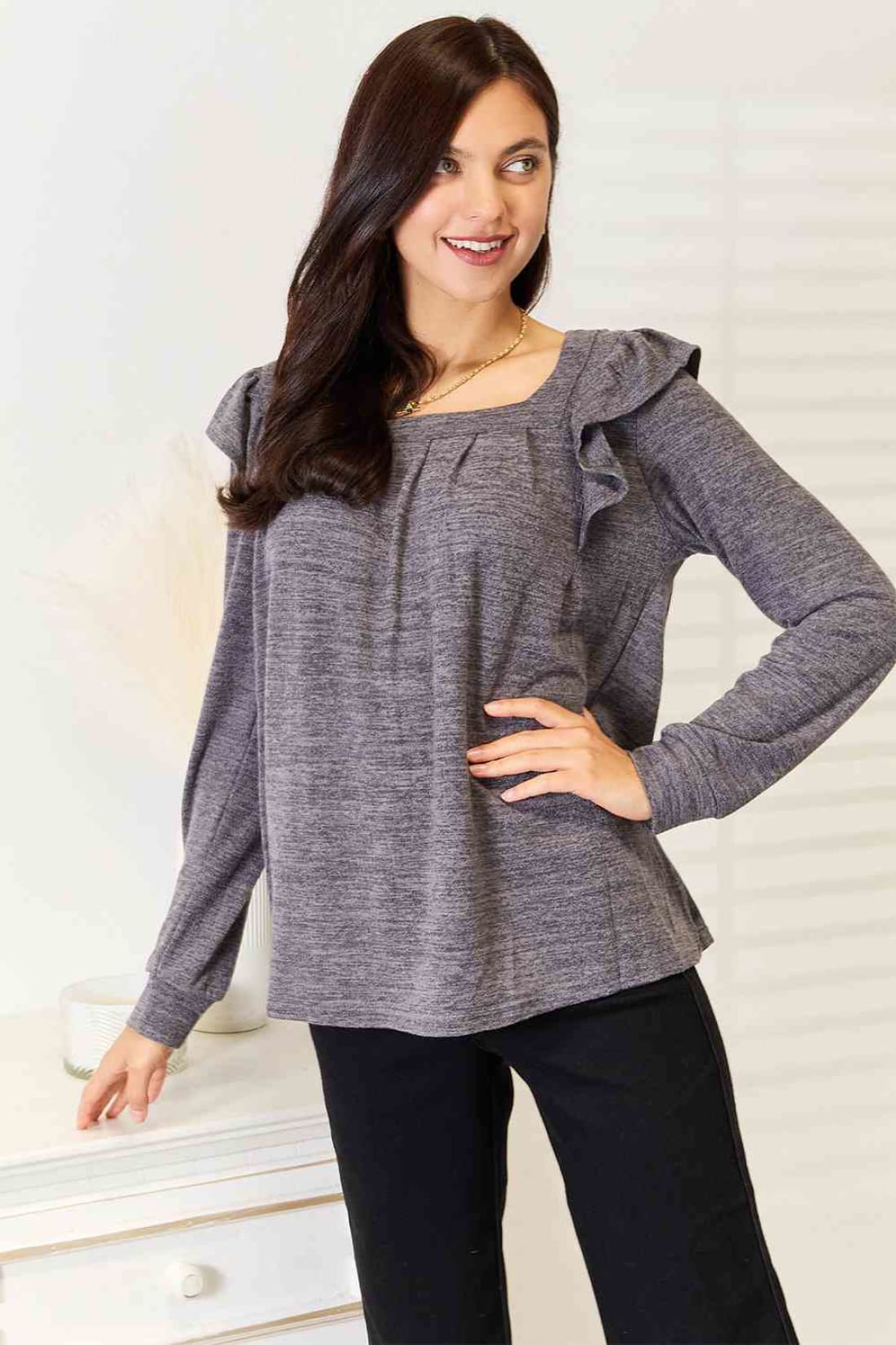 Double Take Square Neck Ruffle Shoulder Long Sleeve T-Shirt | Long Sleeve Tops