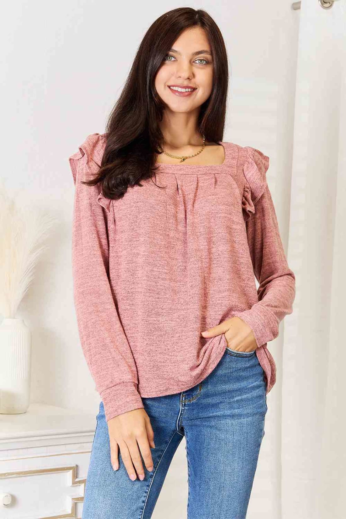 Double Take Square Neck Ruffle Shoulder Long Sleeve T-Shirt | Long Sleeve Tops