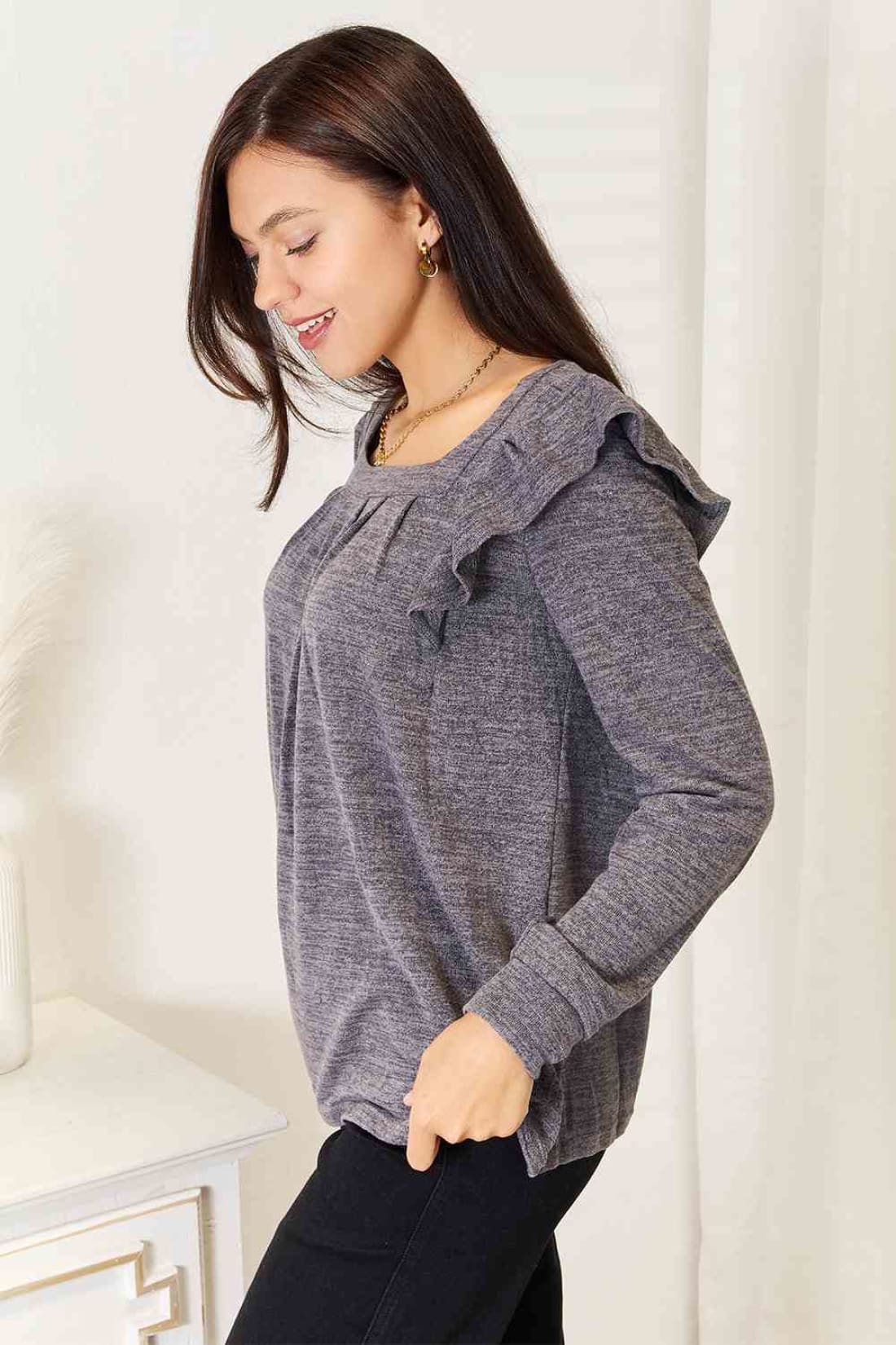 Double Take Square Neck Ruffle Shoulder Long Sleeve T-Shirt | Long Sleeve Tops