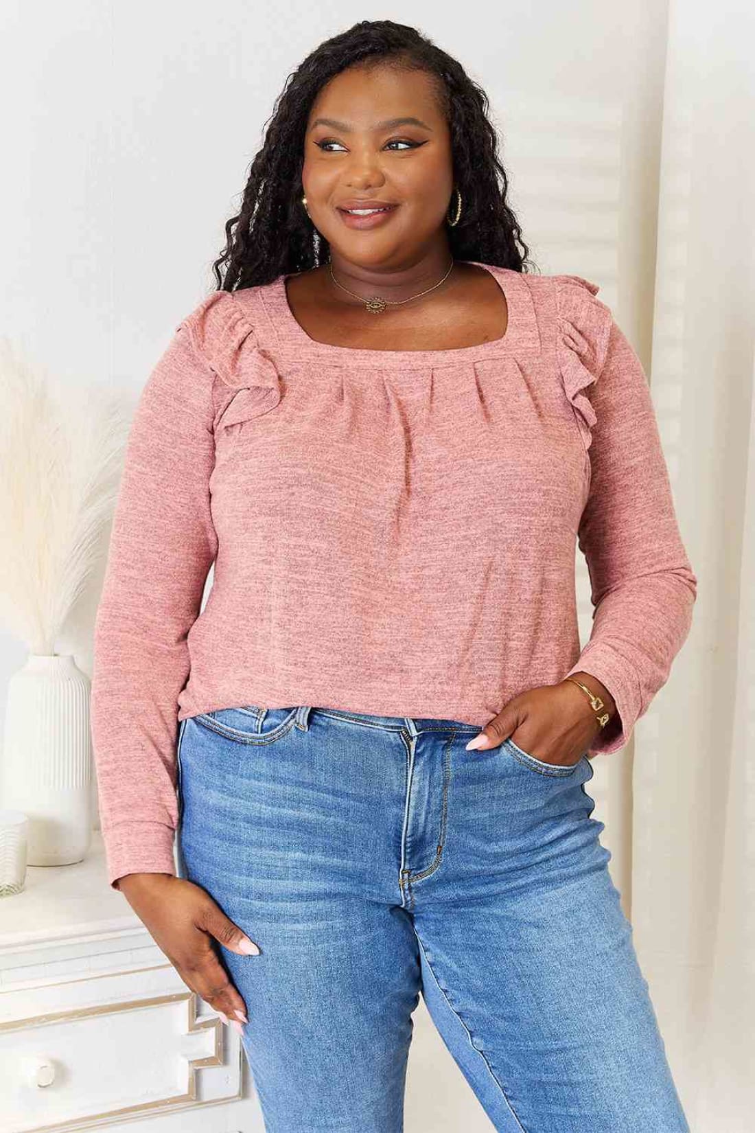 Double Take Square Neck Ruffle Shoulder Long Sleeve T-Shirt | Long Sleeve Tops