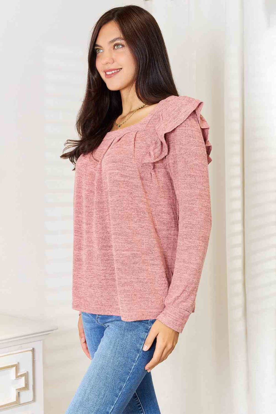 Double Take Square Neck Ruffle Shoulder Long Sleeve T-Shirt | Long Sleeve Tops