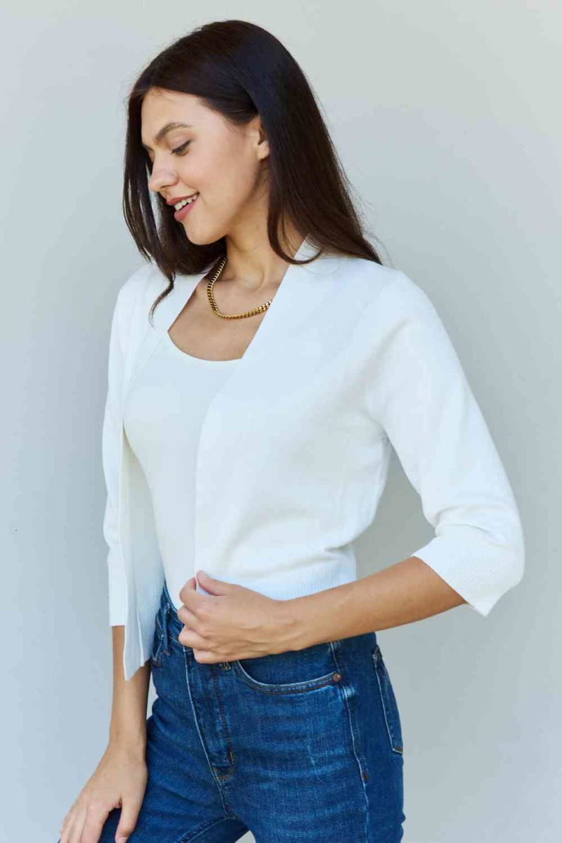 Doublju My Favorite Full Size 3/4 Sleeve Cropped Cardigan in Ivory | Sweaters & Cardigans