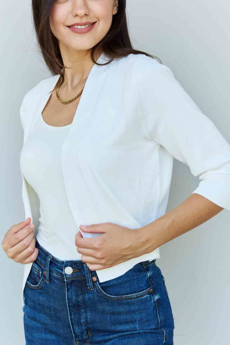 Doublju My Favorite Full Size 3/4 Sleeve Cropped Cardigan in Ivory | Sweaters & Cardigans