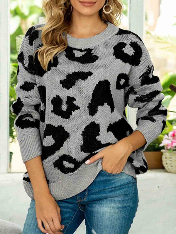 Drop Shoulder Leopard Pullover Sweater | Sweaters & Cardigans