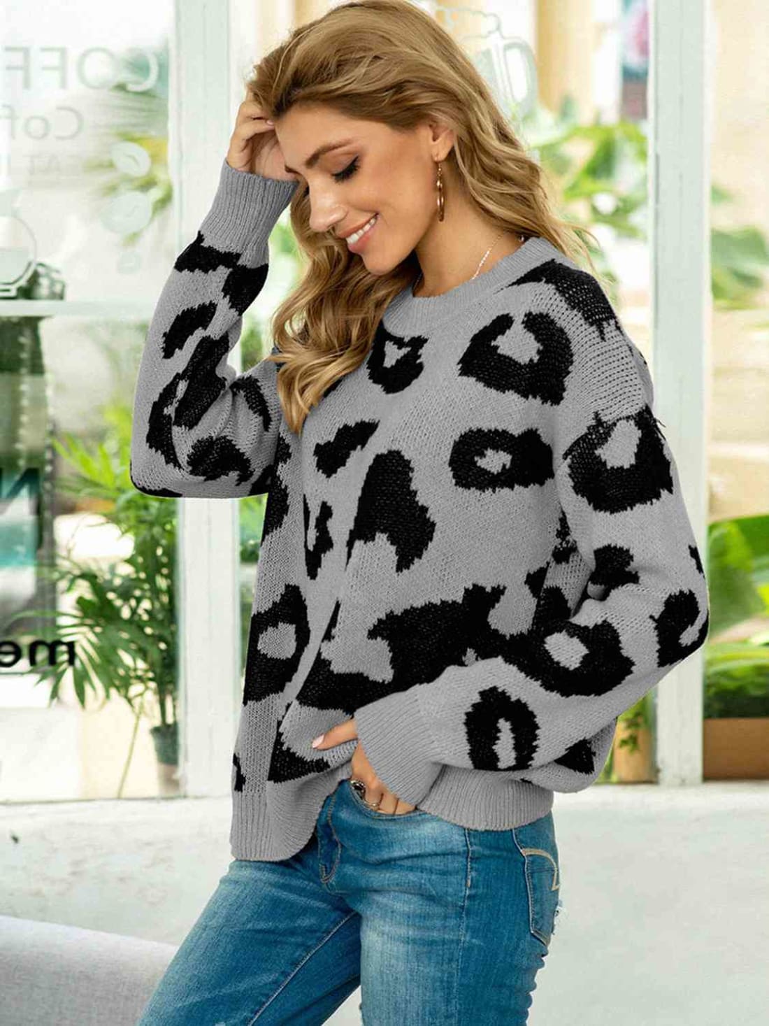 Drop Shoulder Leopard Pullover Sweater | Sweaters & Cardigans