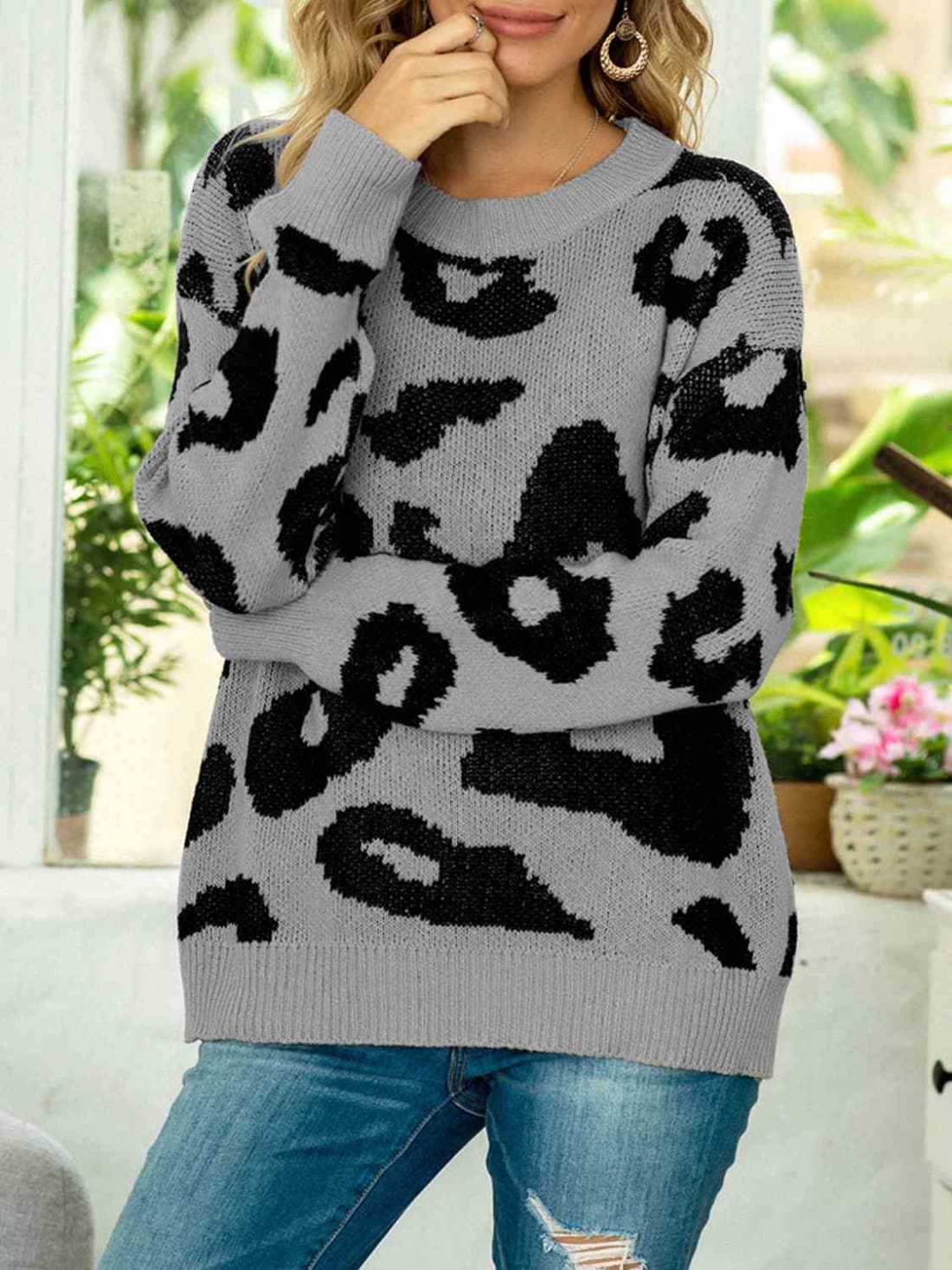 Drop Shoulder Leopard Pullover Sweater | Sweaters & Cardigans