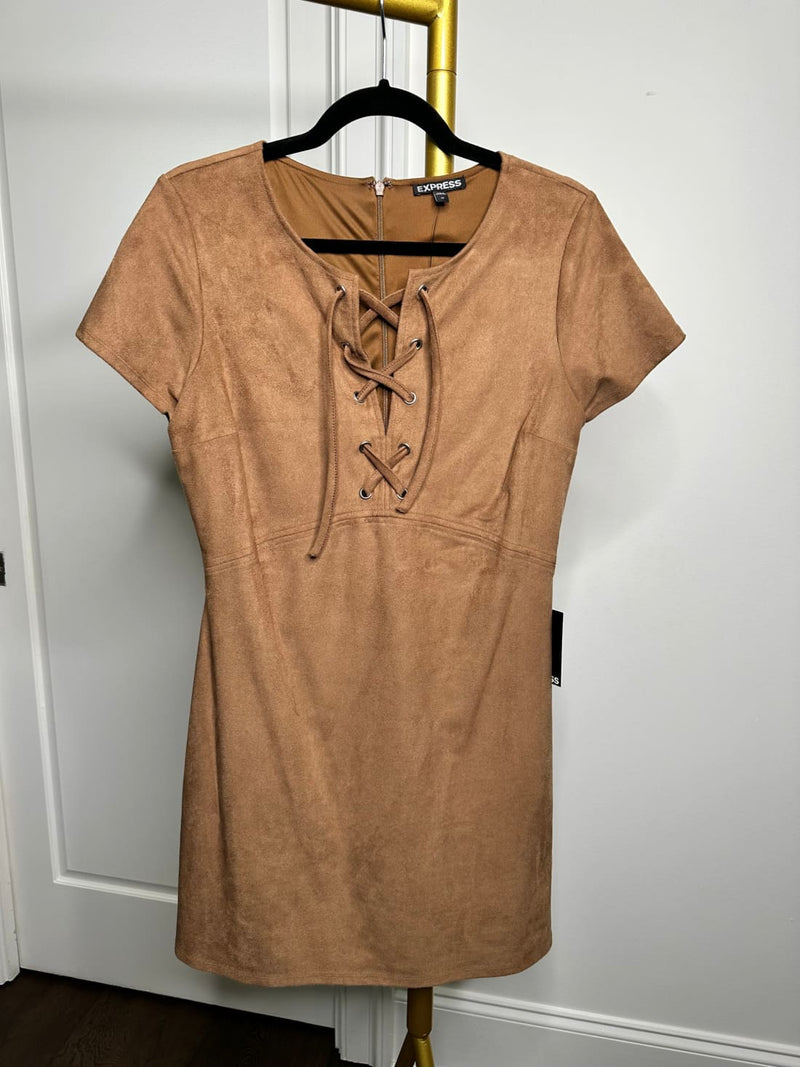 Express Brown Faux Suede Lace Up Mod Mini Dress New 10 | Dresses