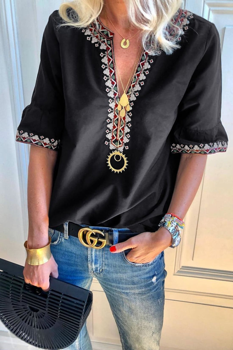 Fashion Boutique Black Boho Floral Embroidery V Neck Casual Top