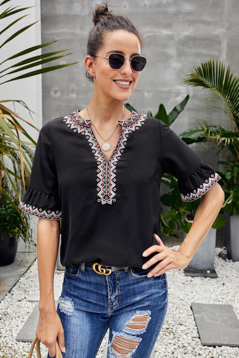 Fashion Boutique Black Boho Floral Embroidery V Neck Casual Top
