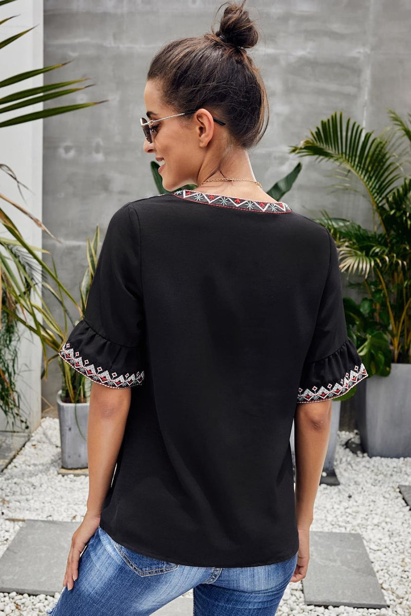 Fashion Boutique Black Boho Floral Embroidery V Neck Casual Top