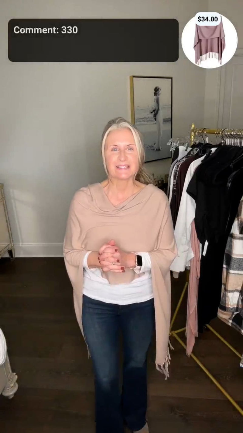 Fashion Boutique Olivaceous Fringed High-Low Poncho Layering Sweater