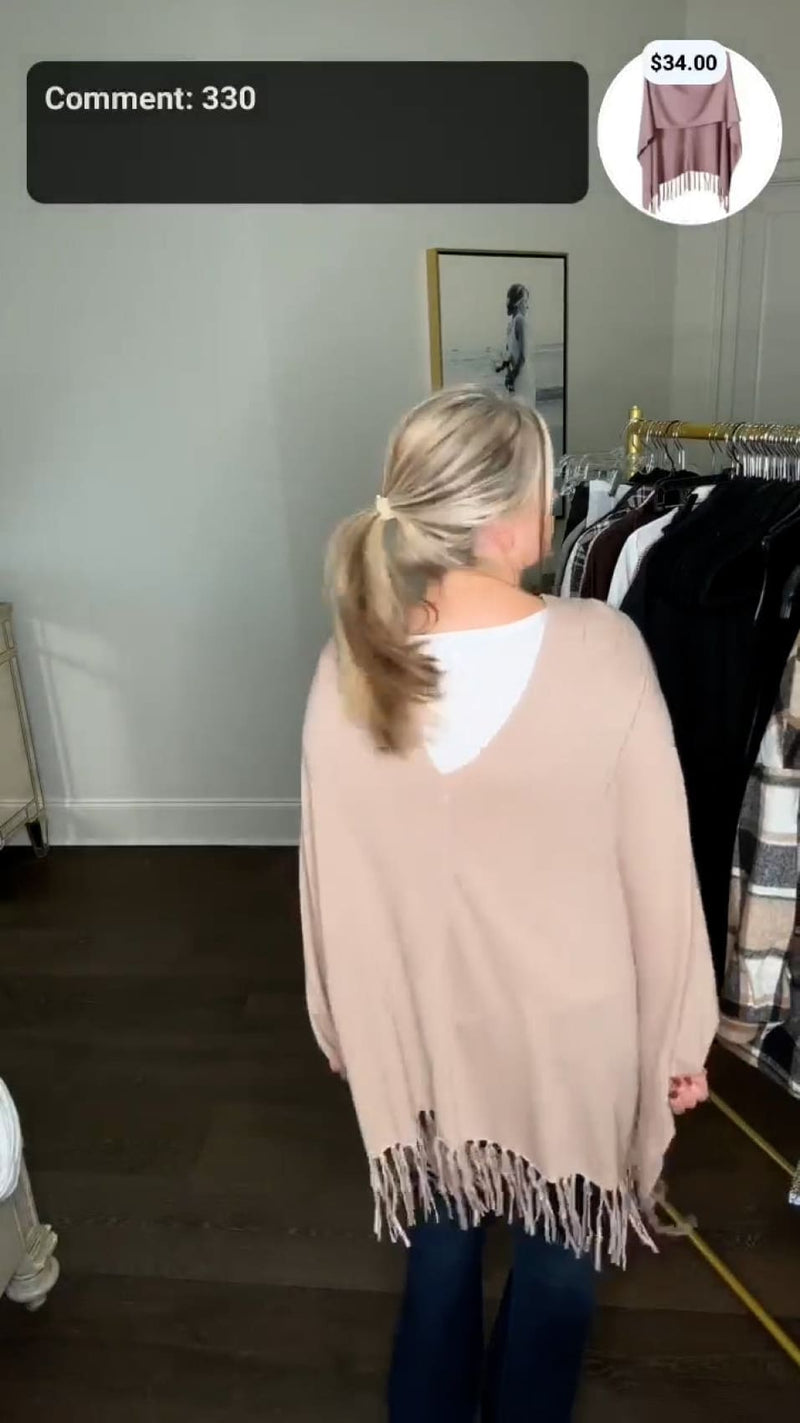 Fashion Boutique Olivaceous Fringed High-Low Poncho Layering Sweater