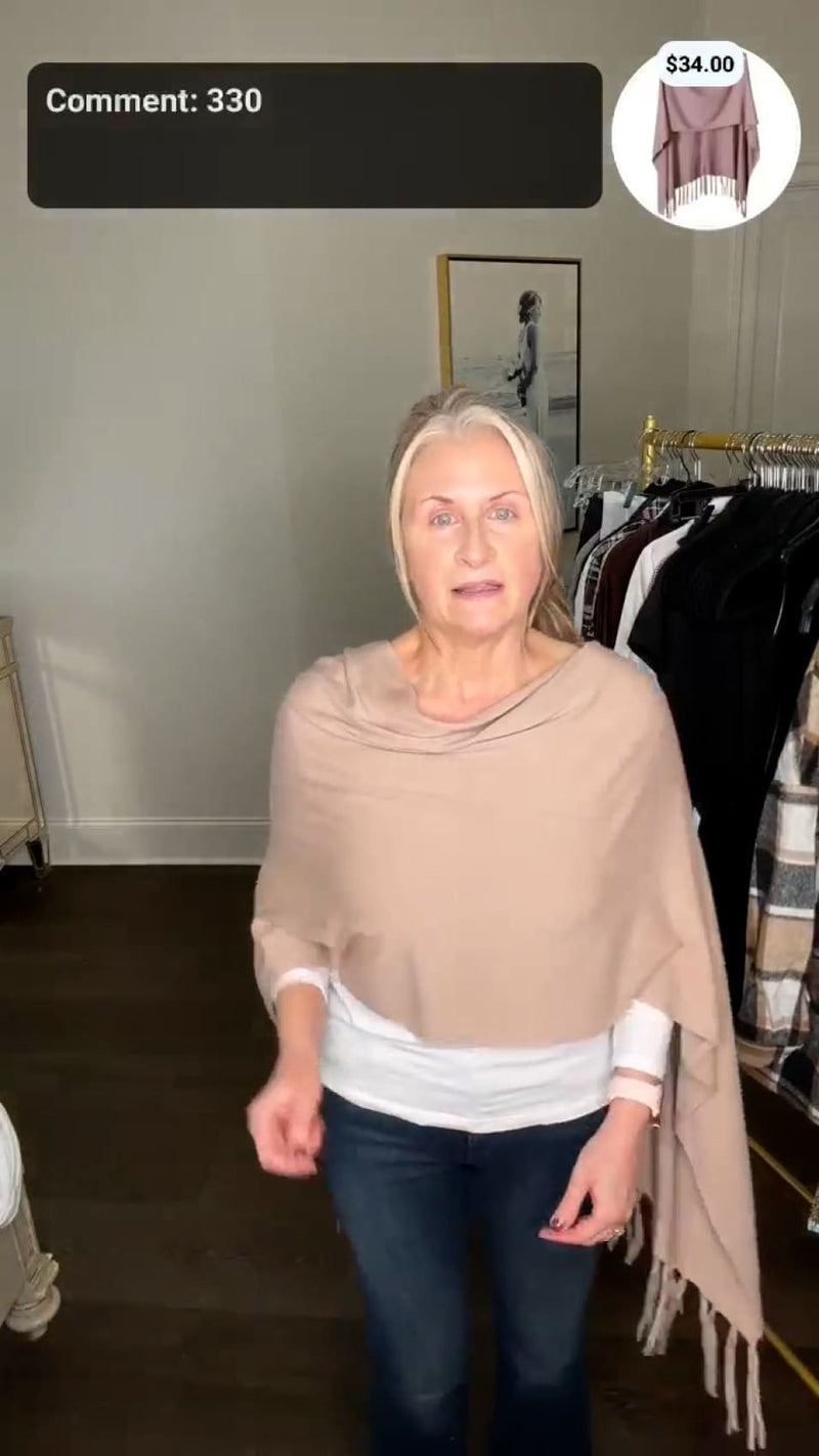 Fashion Boutique Olivaceous Fringed High-Low Poncho Layering Sweater