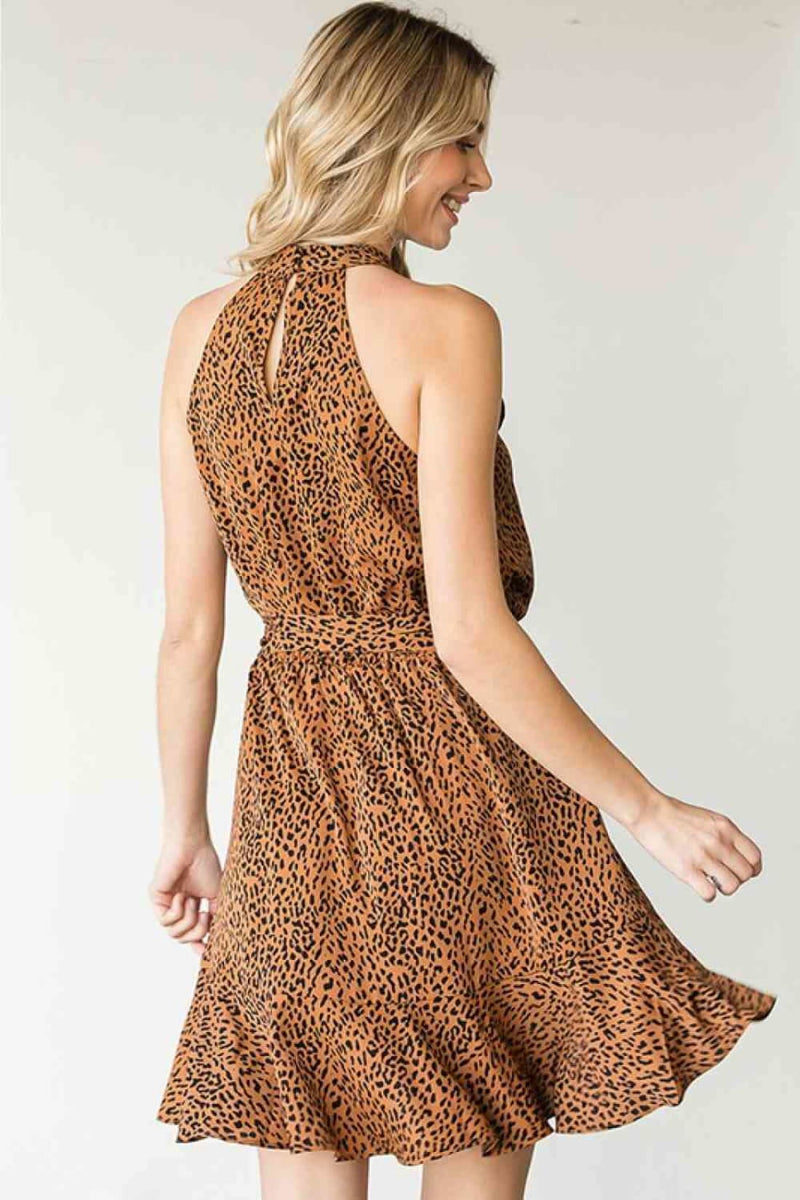 First Love Full Size Leopard Belted Sleeveless Dress | Mini Dresses