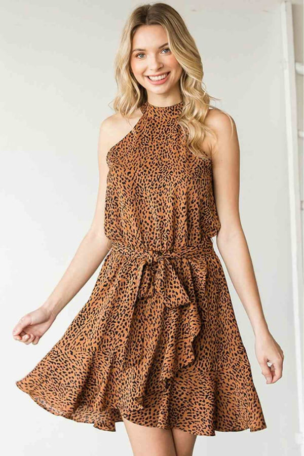 First Love Full Size Leopard Belted Sleeveless Dress | Mini Dresses