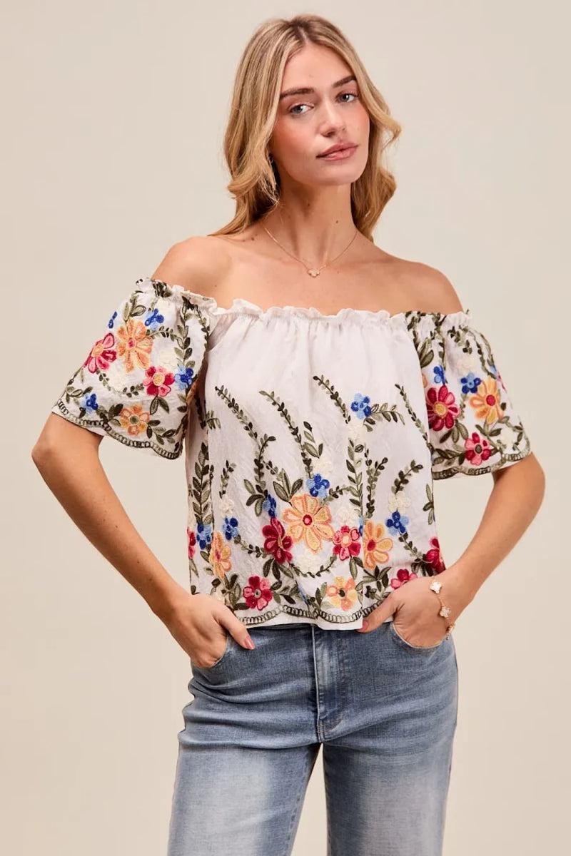Floral Embroidered Two Way Off The Shoulder Blouse