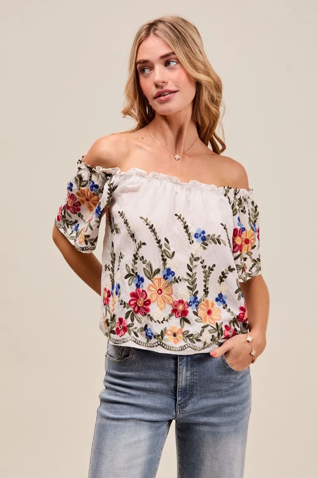 Floral Embroidered Two Way Off The Shoulder Blouse