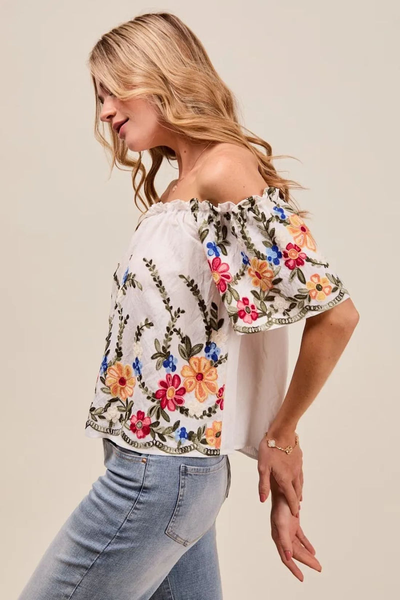 Floral Embroidered Two Way Off The Shoulder Blouse