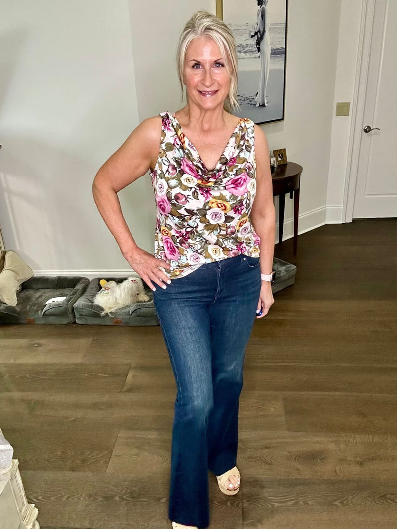 Floral Sleeveless Blouse with Cowl Neck