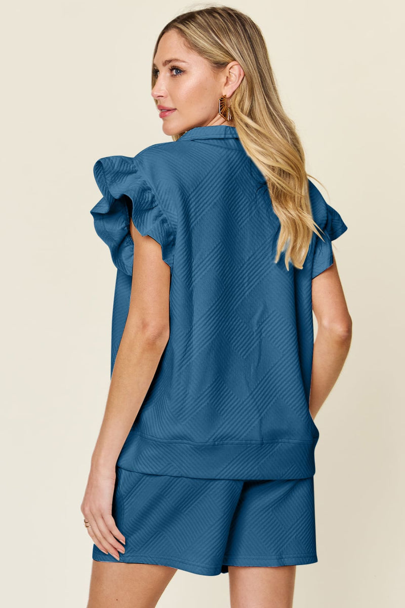 Flounce Sleeve Top and Drawstring Shorts Set